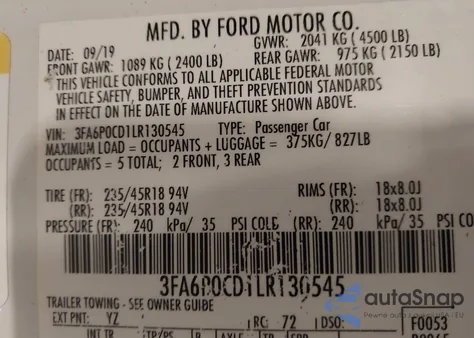 2020 Ford Fusion Sel z USA, uszkodzony, nr VIN 3FA6P0CD1LR130545